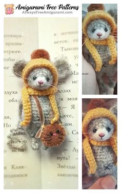 there is a crocheted mouse wearing a hat and scarf