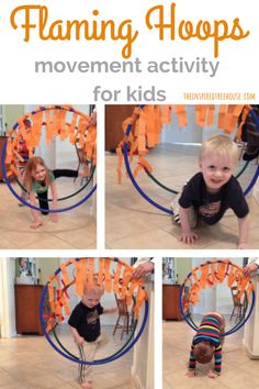 a collage of photos shows a toddler playing in a hoop with orange streamers