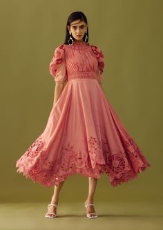 Old Rose Ruched Cutwork Dress Chanderi Dress, Cutwork Dress, High Neck Midi Dress, Rose Fabric, Organza Sleeves, International Style, Beaded Neckline, Old Rose, Floral Applique