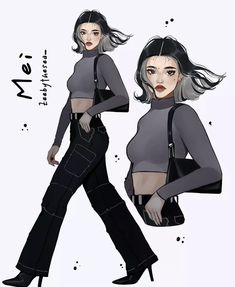 a drawing of a woman in grey top and black pants with her hair blowing back