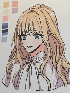 a drawing of a girl with long blonde hair wearing a white shirt and bow tie