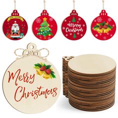 christmas ornaments and wooden coasters are on display