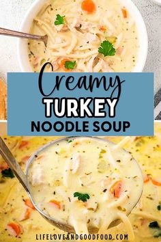 creamy turkey noodle soup in a white bowl