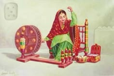 a painting of a woman sitting in front of a spinning wheel