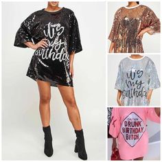 Sequin LONG SLEEVE TOPS /Dress Sequin Short Sleeve Dress For Birthday, Spring Party Dress With Crew Neck, Spring Party Oversized Dress, Oversized Short Sleeve Dress For Brunch, Oversized Party Tops For Spring, Spring Party Oversized Tops, Oversized Tops For Spring Party, Oversized Top For Spring Party, Short Sleeve Graphic Print Party Dress