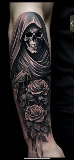 a person with a skull and roses on their arm