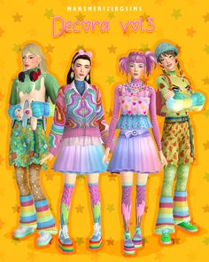 three girls in colorful outfits standing next to each other with stars on the wall behind them