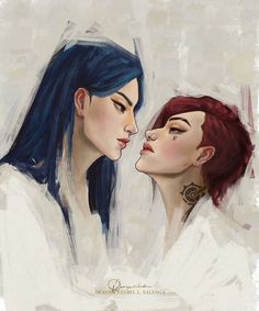 two women with blue hair are facing each other and one has her nose to the other