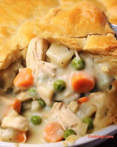 a close up of a piece of chicken pot pie