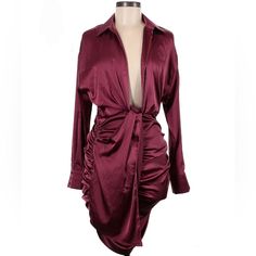 Nwt Joeleene Long Sleeve, Collared, Shirtdress, Solid, Ruched Detail, Maroon, Burgundy, Knee Length 97% Polyester, 3% Spandex 28" Chest, 25" Length Draped Dress For Date Night In Fall, Long Sleeve Satin Dress For Date Night, Long Sleeve Ruched Satin Cocktail Dress, Cocktail Long Sleeve Ruched Satin Dress, Long Sleeve Ruched Satin Dress, Ruched Long Sleeve Satin Dress, Red Satin Dress For Fall, Elegant Ruched Shirt Dress For Party, Fitted Long Sleeve Satin Shirt Dress