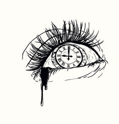 a drawing of an eye with the clock in it's center and water dripping from its iris