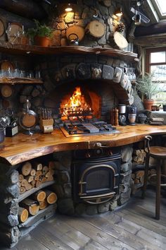 an old fashioned stove in the middle of a room with lots of logs on it