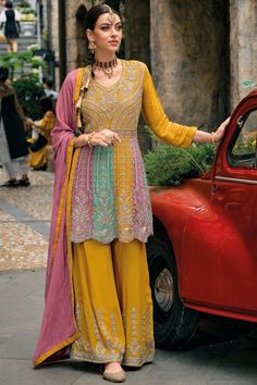 Gold Multicolor Chinnon Silk Palazzo Suit at PinkPhulkari California Bandhani Dresses, Gharara Suits, Haldi Outfits, Haldi Outfit, Hijab Designs, Pakistani Women, Desi Fits, Palazzo Suit, Salwar Kamiz