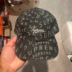 Never Worn My Head Is To Big For It Black Baseball Cap With Letter Print, Black Hat With Letter Print And Short Brim, Supreme Bucket Hat, Supreme Hat, Supreme Accessories, Denim Cap, 5 Panel Hat, Stocking Cap, Green Box