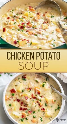 chicken potato soup in a white bowl with a spoon on the side and an image of