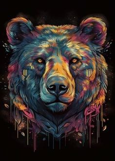 a bear's head with colorful paint splattered on it