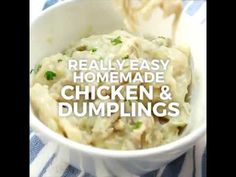 a white bowl filled with chicken and dumplings