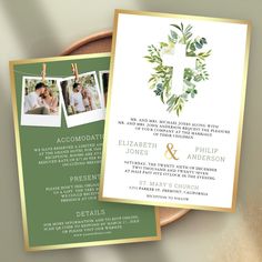 a wedding card with an image of a cross and greenery on the front is shown