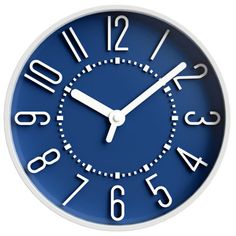 a blue clock with white numbers on the face is shown in front of a white background