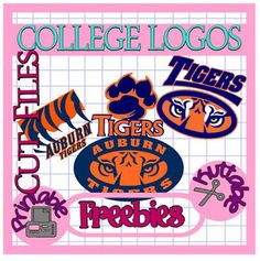 college logos are shown on a pink and white background with the words, tigers, freebies