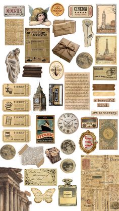 an assortment of old fashioned items are displayed on a white background with words and pictures