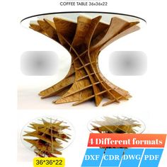 the table is made out of wood and has four different designs on it, including leaves