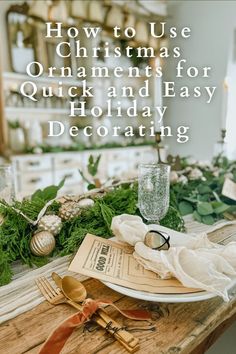 a wooden table topped with christmas ornaments and other holiday decorating items on top of it