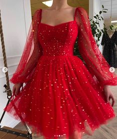 Tulle Short Dress, Long Sleeve Homecoming Dresses, Tulle Cocktail Dress, Short Red Prom Dresses, Prom Dress Red, Formal Dresses Graduation, Tulle Ball Gown, Red Prom, Short Prom Dress