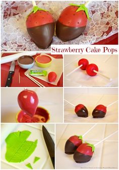 strawberry cake pops with chocolate and cherries on them, ready to be cut in half