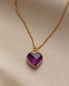 These hand-faceted heart gemstones remind us of a sweet treat. Wear this necklace and it just might spark up a conversation! Elegant Crystal Heart Pendant Necklace, Anniversary Amethyst Heart Necklace, Heart Pendant Amethyst Necklace For Gift, Heart-shaped Amethyst For Jewelry Making, Heart Shaped Amethyst For Jewelry Making, Amethyst Heart Pendant Necklace For Gifts, Valentine's Day Amethyst Heart Necklace, Elegant Heart-shaped Amethyst Necklace, Heart Cut Amethyst Jewelry For Gifts