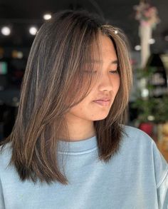 Medium Textured Asian Hairstyle Long Curtain Bangs Short Hair Straight, Long Layers Haircut Short Hair, Short Hairstyle Layers Women, Mid Hair Length Styles For Women, Curled Layered Hair Mid Length, Mid Length Fine Hair Styles For Women, Mid Lenght Haircut Girl, Middle Part Face Framing Layers, Asian Mid Length Hair