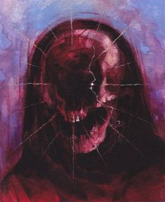 a painting of a man with a skull on his face and the background is purple