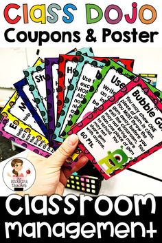 classroom management cards with the words class dojo coupons and posters in front of them