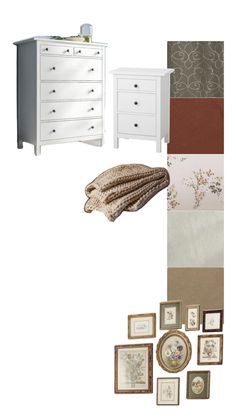 a collage of white furniture and pictures