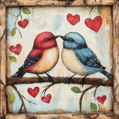 two birds are sitting on a branch with hearts in the background and one is kissing