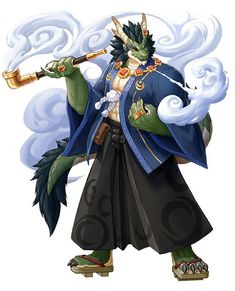 an anime character holding a pipe in his hand and wearing a blue outfit with white clouds behind him