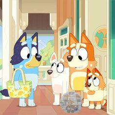 three cartoon dogs are standing in front of a door and one dog is holding a purse