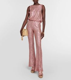 Jacquard Cowl Neck Jumpsuit in Pink - Missoni Mare | Mytheresa Glamorous Evening Jumpsuits And Rompers For Summer, Chic Sleeveless Jumpsuits And Rompers For Party Season, Cowl Neck Jumpsuit, Missoni Mare, Wedge Mules, Pink Jumpsuit, Glamorous Style, Slim Legs, Missoni