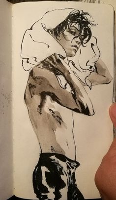 a drawing of a shirtless man with his hands on his hipster's back