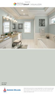 a bathroom with blue walls and white fixtures on the ceiling is featured in this brochure