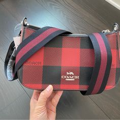 Questions? Leave A Comment Below! Inside Multifunction Pocket Zip-Top Closure, Fabric Lining Detachable Strap With 22 1/2" Drop For Shoulder Or Crossbody Wear 9 1/2" (L) X 5" (H) X 2 1/2" (W) Trendy Red Coach Bag, Trendy Red Coach Shoulder Bag, Beautiful Handbags, Plaid Print, Buffalo Plaid, Zip Top, Coach Bags, Black Red, Buffalo