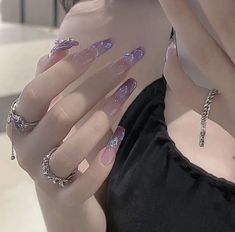 Korean Nail Art Aesthetic Purple, Asian Acrylic Nails Purple, Lilac Nails Korean, Blush Purple Nails, Nail Black And Purple, Purple Jelly Nails Acrylic, Purple Blush Nails, Purple Nails Korean, Jelly Nails Purple