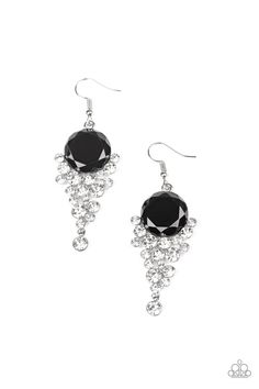 A collection of dainty white rhinestones tumble from the bottom of an oversized black gem, coalescing into an effervescent lure. Earring attaches to a standard fishhook fitting.Sold as one pair of earrings. Bling Party, Paparazzi Accessories Jewelry, Black Gems, Gem Earrings, Paparazzi Accessories, White Rhinestone, Black Earrings, Affordable Jewelry, Paparazzi Jewelry