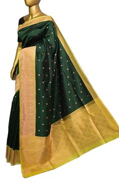 A luxury collection with fine traditional zari weaving on the body that comes with paisley style copper zari buti work and kadhua work on the pallu and with a yellow border with traditional zari work that makes this saree one of the magnetic works in a bottle green color. Color: A shade of bottle green color Technique: Amazing work of copper zari motif work on the body with traditional weaving on the rest of the saree Fabric: Katan Quality: Indyvogue's Assurance of Pure Silk Mark Certified Saree Yellow Border, Paisley Fashion, Work Online, Color Techniques, Traditional Weaving, Designer Blouse, Banarasi Saree, Zari Work, Saree Fabric