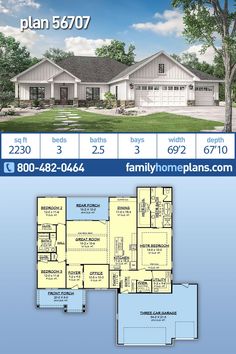 the floor plan for this home is shown in blue and white, with two car garages