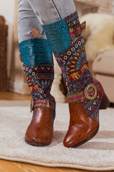 Enliven your ensembles with the bohemian charm of this knee-high boot that features a soft leather upper and vibrant patterned details. This unique style pairs effortlessly with jeans or our signature shacket or knit sweaters. 1'' heel 13.8'' shaft 14.8'' circumference Side zip & buckle closure Leather upper Leather lining Leather insole Rubber sole Leather Knee Boots, Knit Sweaters, Knee Boot, The Bohemian, Knee High Boots, Brown Color, Knee Boots, Cowboy Boots, Side Zip