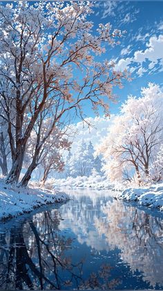 a painting of trees and water in the snow