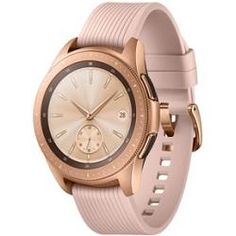 a smart watch with a pink band and rose gold dials on the front of it