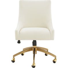 a white office chair with gold wheels and casteors on an upholstered base