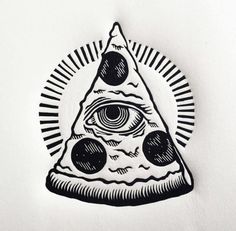 a slice of pizza with an all seeing eye drawn on it's side in black and white